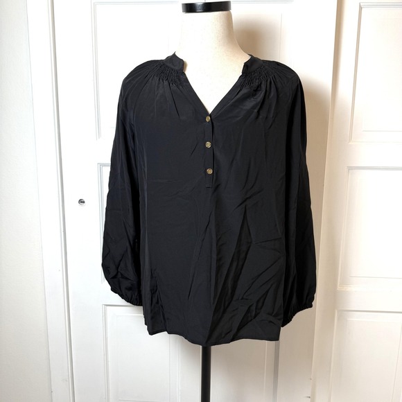 Lilly Pulitzer Tops - Lilly Pulitzer Blouse Womens Large Black Silk Pullover Smocked Long Sleeve Top‎